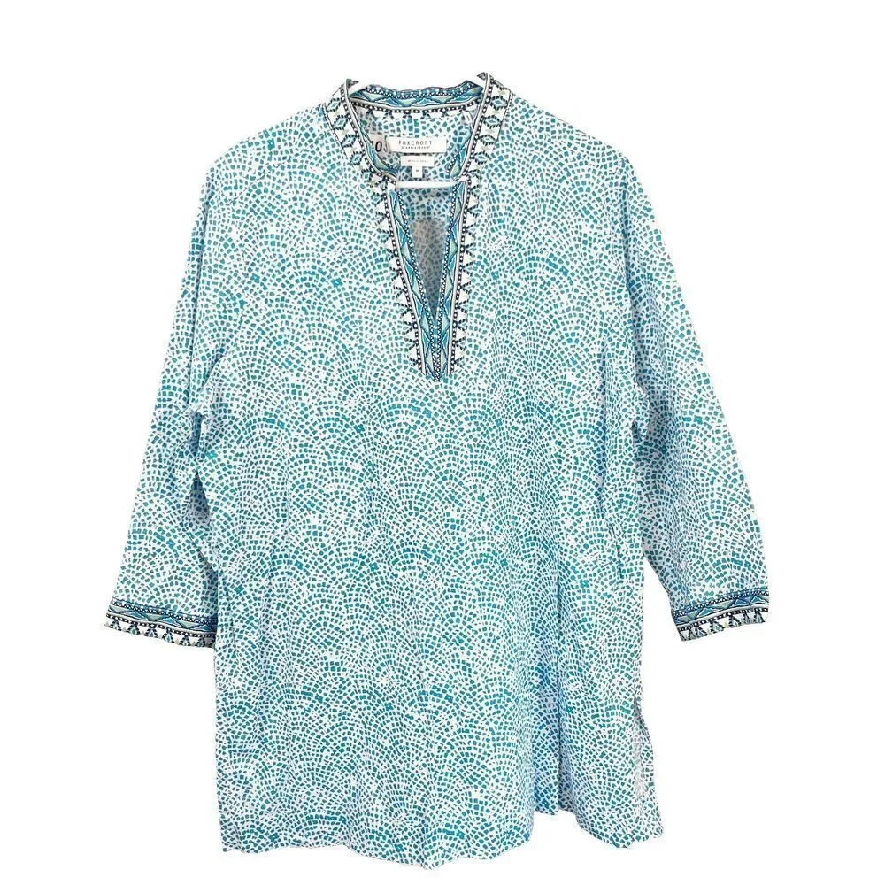 Foxcroft For Appleseeds Womens Blue Tunic Blouse 18 V Neck Geometric Long Sleeve
